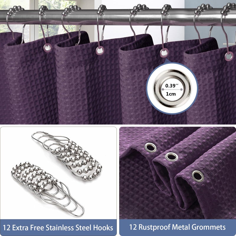 VANZAVANZU Waffle Weave Shower Curtain with Stainless Steel Hooks - 230 GSM Heavy Duty Fabric Bath Curtains, Hotel Luxury Quality, Water Resistant, Machine Washable, Weighted Hem, 72 x 72 Inches (Purple) - Image 4